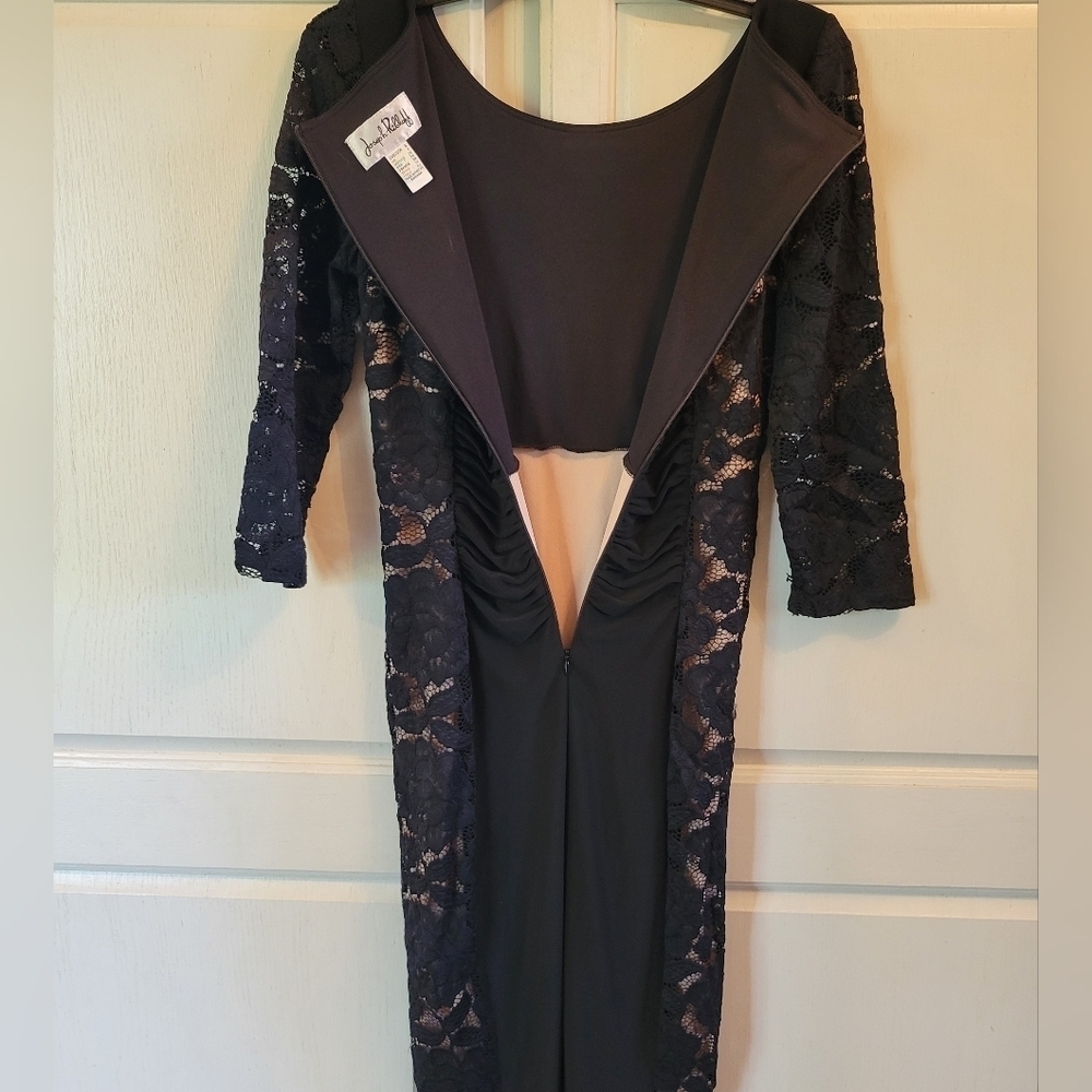 Vintage Joseph Ribkoff Black Ruched Lace Bodycon 3/4 Sleeve Dress - Picture 4 of 5